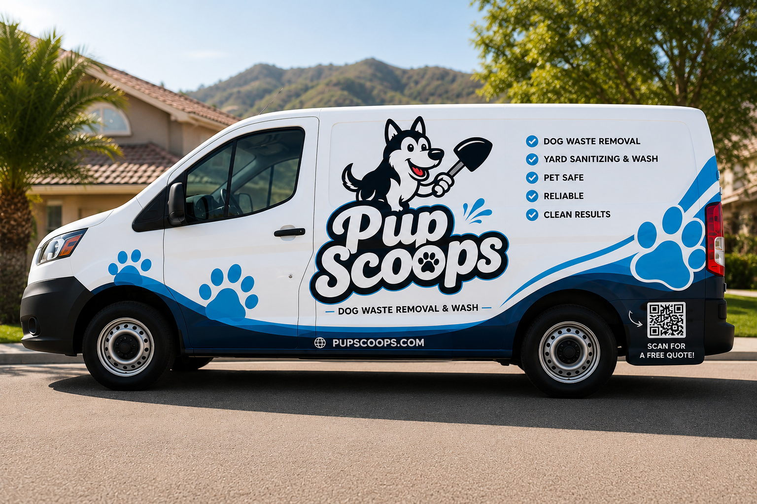 Pup Scoops branded van and dog waste removal equipment